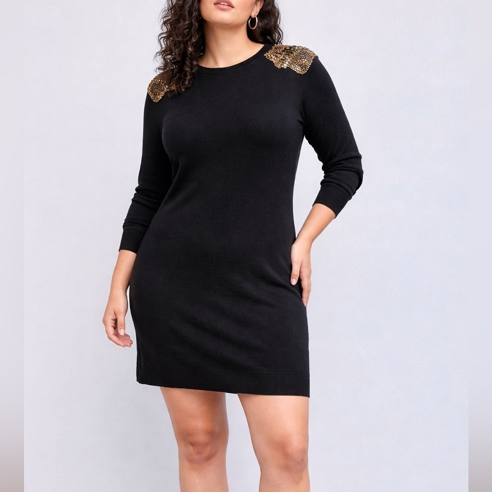 French Connection black sweater dress beaded and sequin embellishments 12